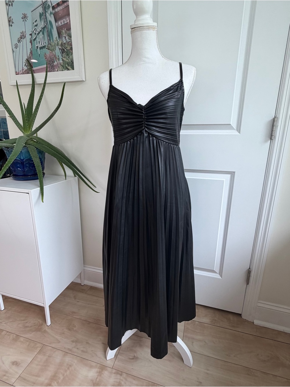 Black Pleated Spaghetti-Strap Midi Dress faux leather